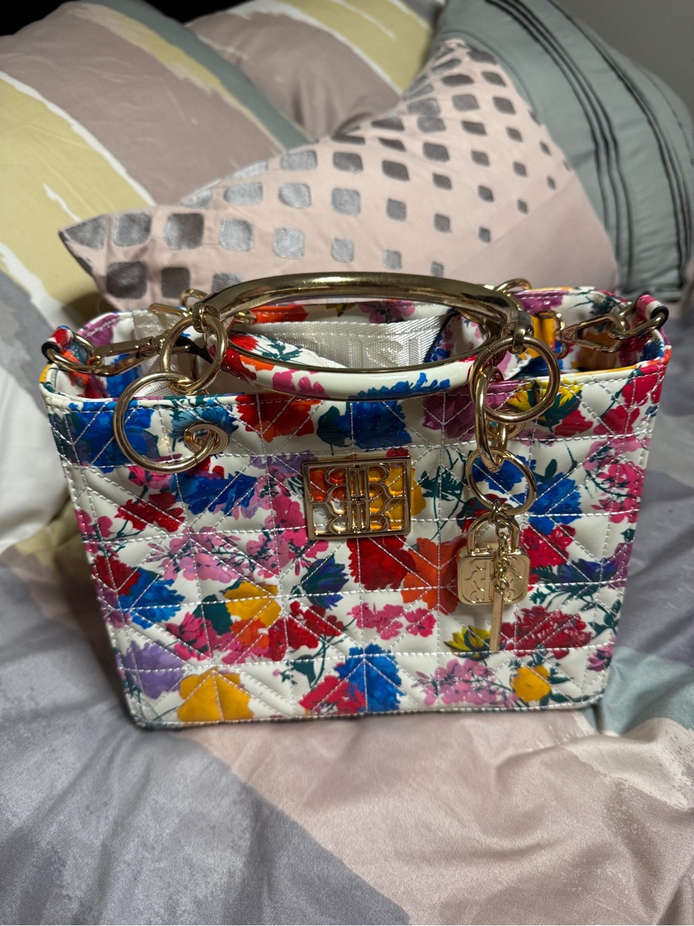 River Island White Quilted Tote with Multicolor Floral Print and Gold Hardware